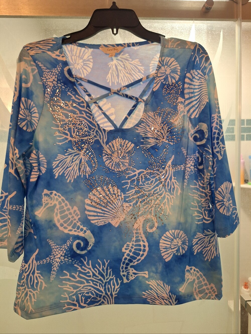 Ocean Print Crisscross V-Neck Top - Blue & White